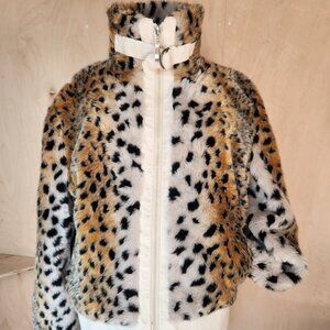 Faux Fur Leopard Print Bomber Jacket - Small
